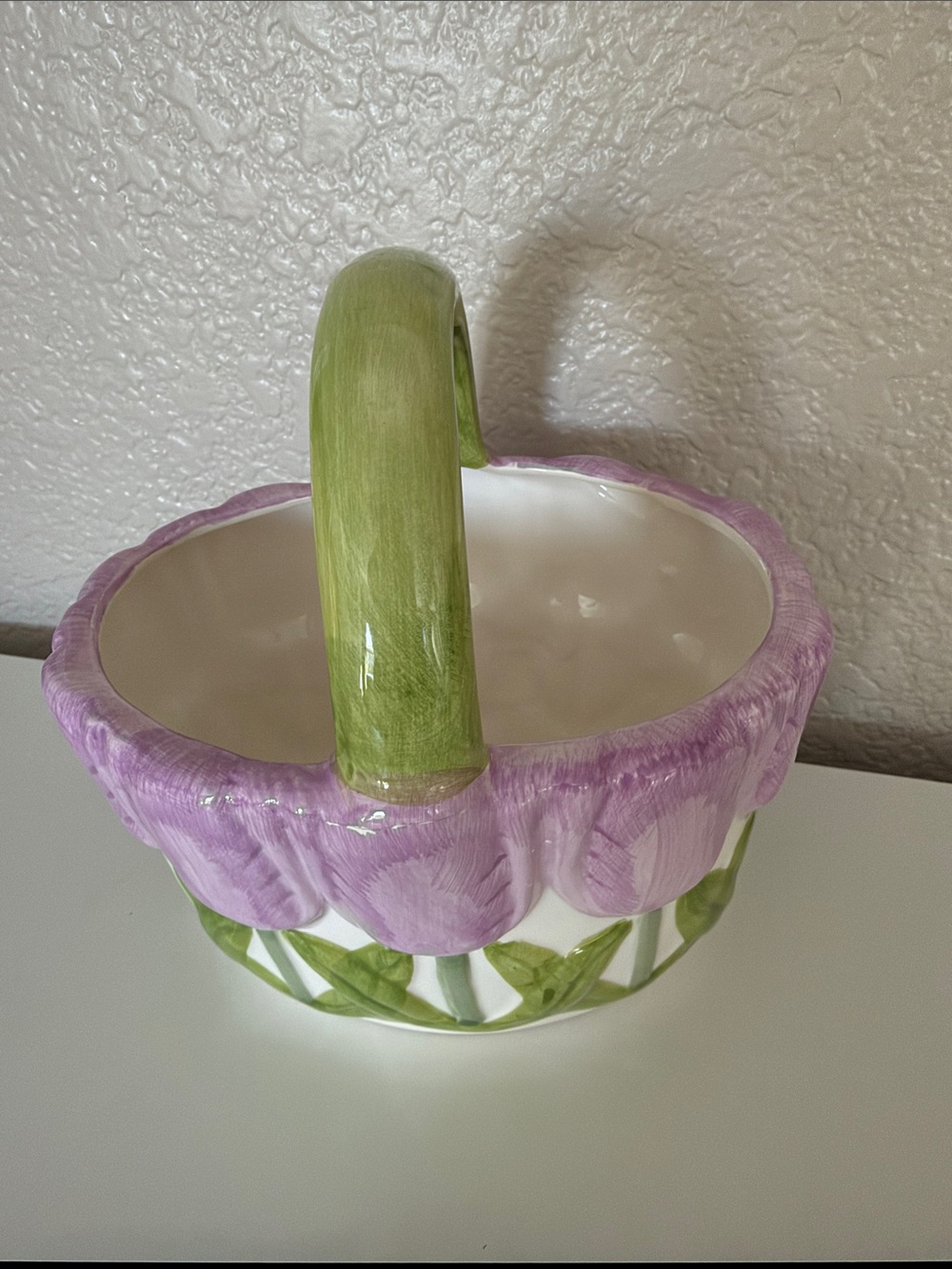 Painted Tulio Ceramic Basket Vase in Green and Lavender